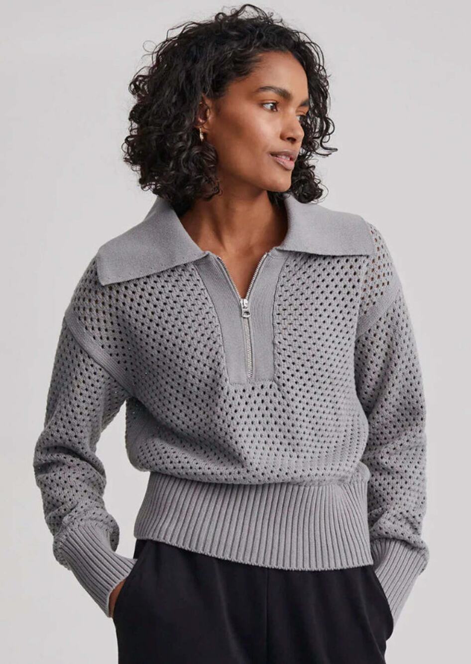 Varley Lily Knit Polo Sweater Sz S Gray 100% Cotton Sporty Breathable Nice!
